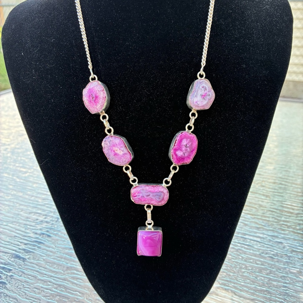 Handmade Pink Botswana Gemstone Necklace Silver Tone